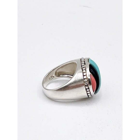Vintage 925 Sterling Silver Inlay Ring SZ 6.5 Turquoise Onyx Coral Southwest - Picture 9 of 11